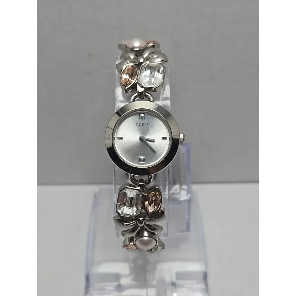 Womens Guess Pink Marquise Crystal Pearls Bows Silver Bracelet Watch New Battery